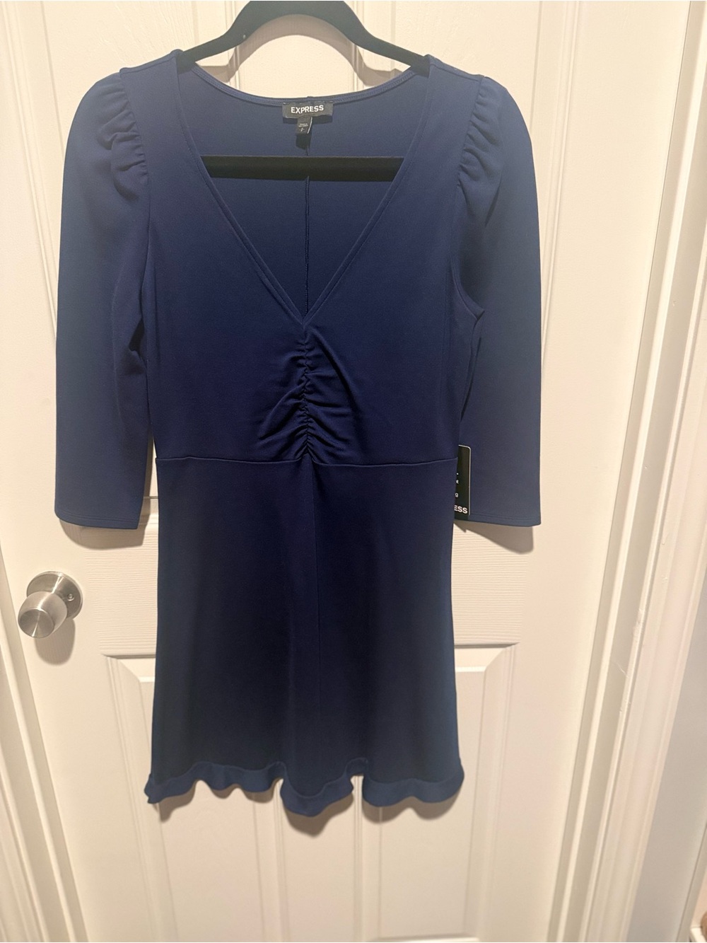 Express Navy V-Neck Midi Dress with Ruched Front